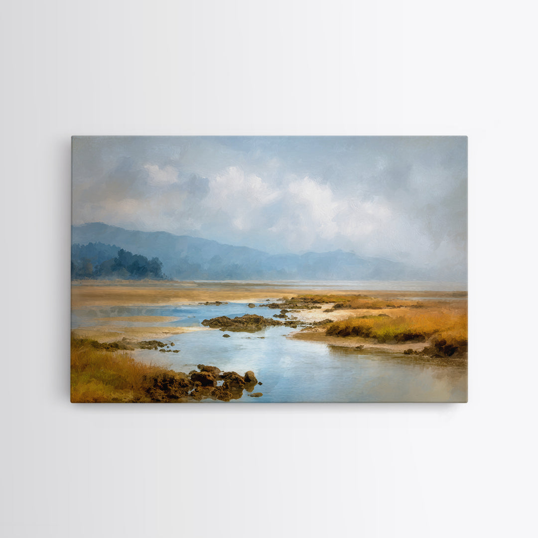 Calm Beach Tide Pooling Around Rocks Canvas Print, Nature Art, Nature Wall Art, Living Room Decor, Watercolor Art, Nature, NAT-3x2-76