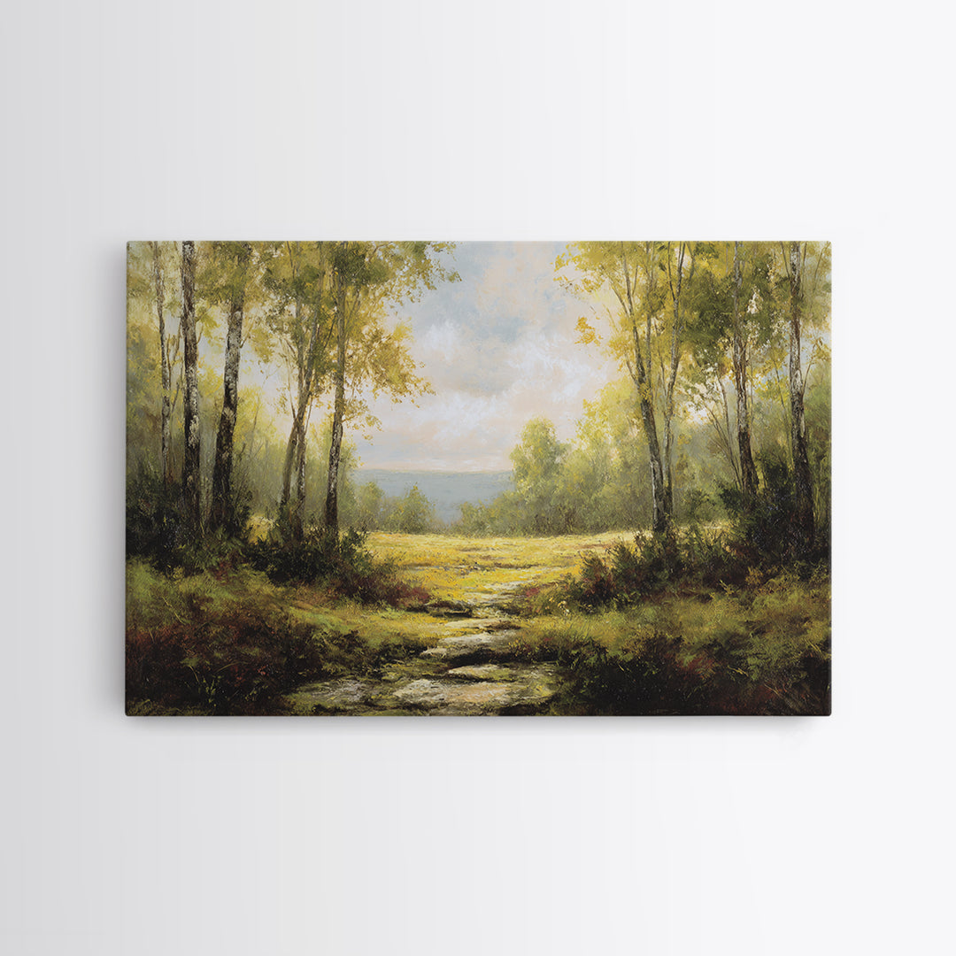 Sunlit Forest Path Framed Canvas Print, Nature Art, Gallery Decor, Living Room Decor, Fine Art, Nature, Contemporary Art, NAT-3x2-77