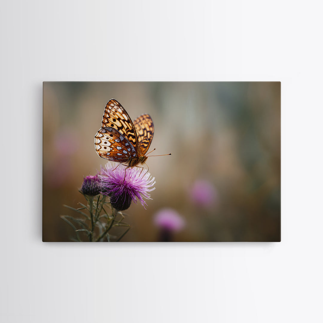 Butterfly Resting on a Blooming Thistle Framed Canvas Print, Nature Art, Framed Art, Living Room Decor, Oil Painting, Nature, NAT-3x2-8