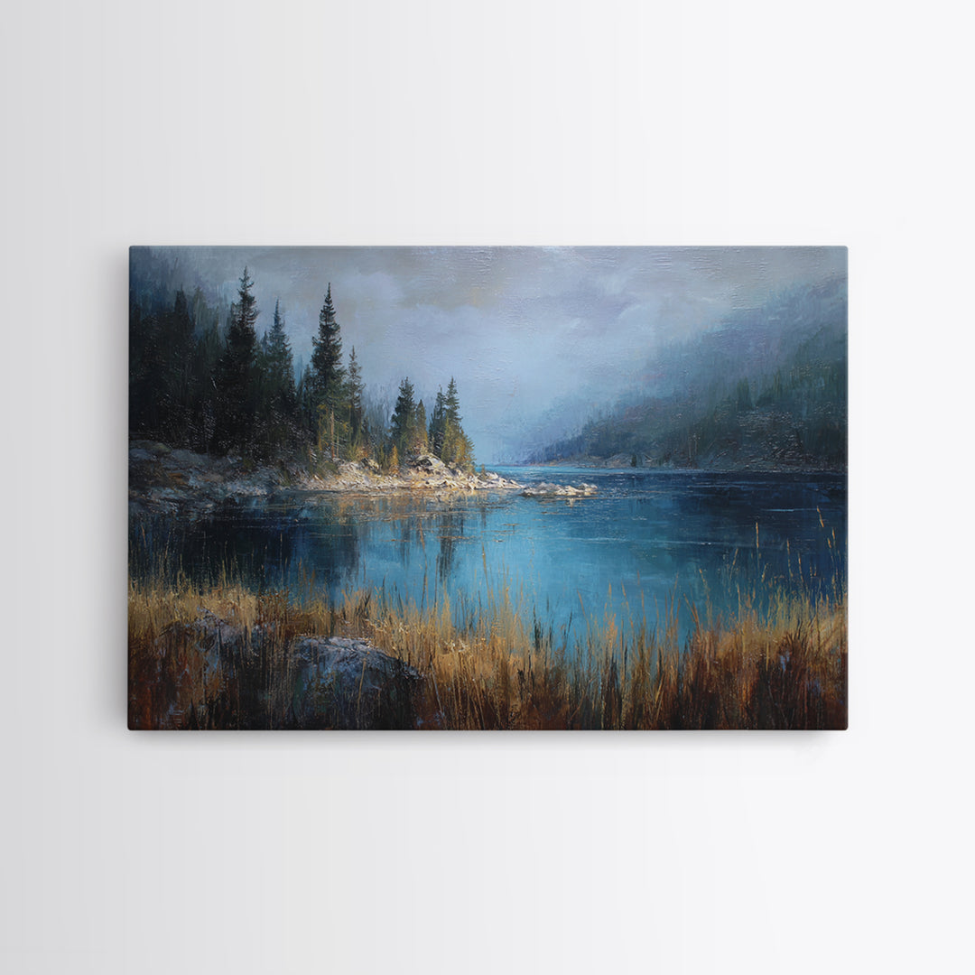 Misty Mountain Lake Framed Canvas Print, Nature Art, Ocean Art, Living Room Decor, Fine Art, Nature, Art Print, NAT-3x2-81