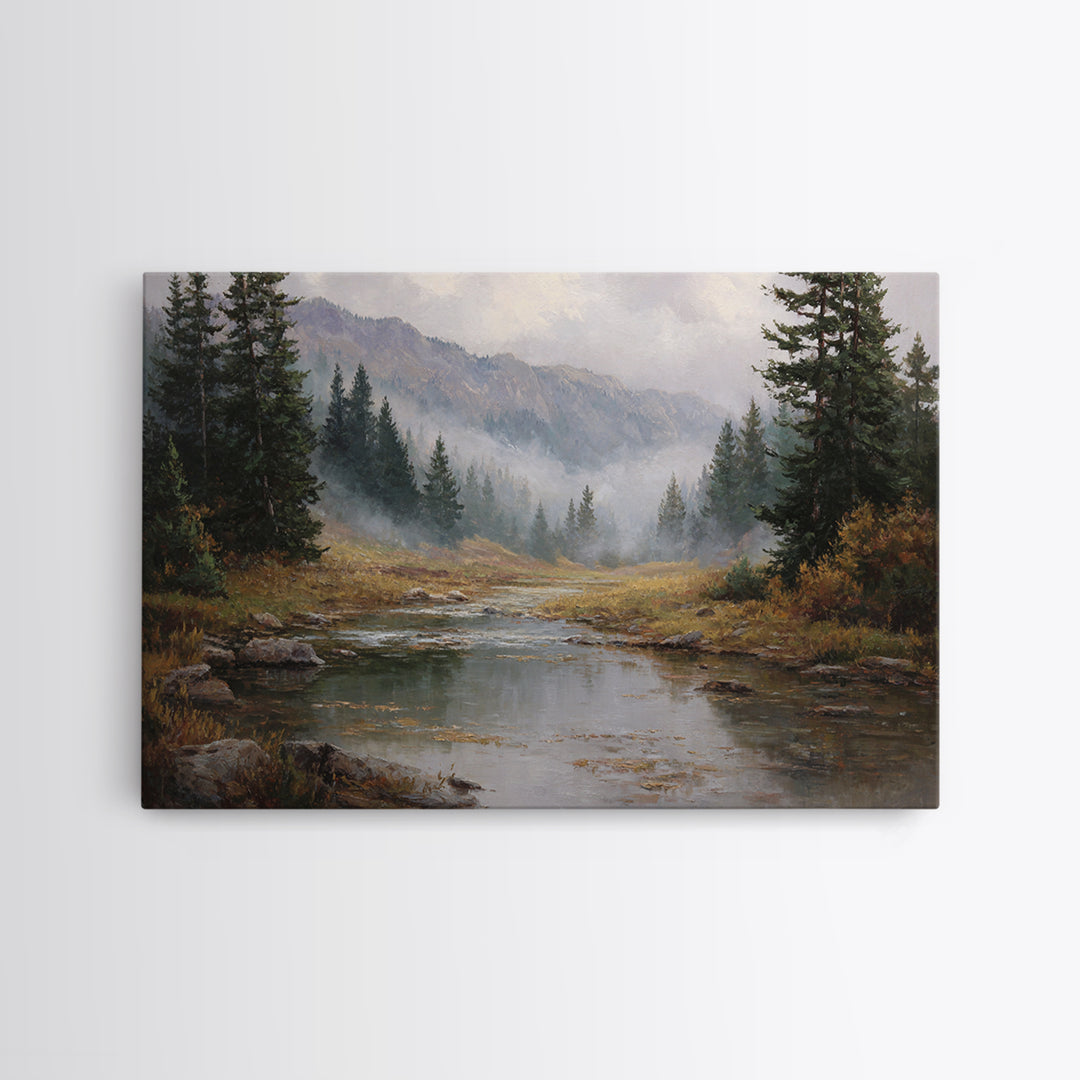 Autumn Leaves Floating on Quiet Stream Framed Canvas Print, Nature Art, Landscape Art, Living Room Decor, Oil Painting, Nature, NAT-3x2-82