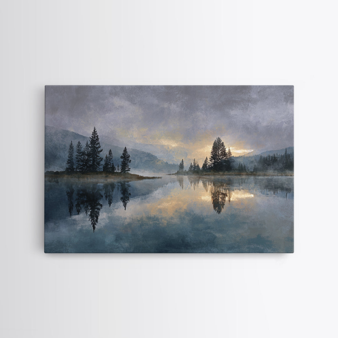 Misty Mountain Lake Framed Canvas Print, Nature Art, Abstract Wall Art, Living Room Decor, Oil Painting, Nature, Bird Wall Art, NAT-3x2-9