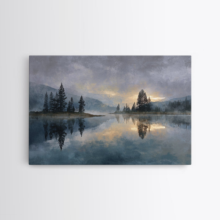Misty Mountain Lake Framed Canvas Print, Nature Art, Abstract Wall Art, Living Room Decor, Oil Painting, Nature, Bird Wall Art, NAT-3x2-9