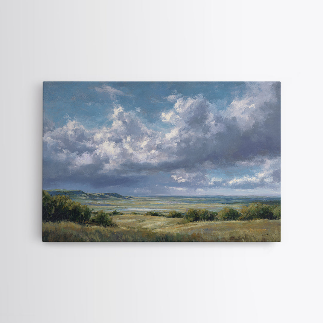 Storm Clouds over a Rolling Prairie Framed Canvas Print, Nature Art, Living Room Wall Art, Living Room Decor, Fine Art, Nature, NAT-3x2-90