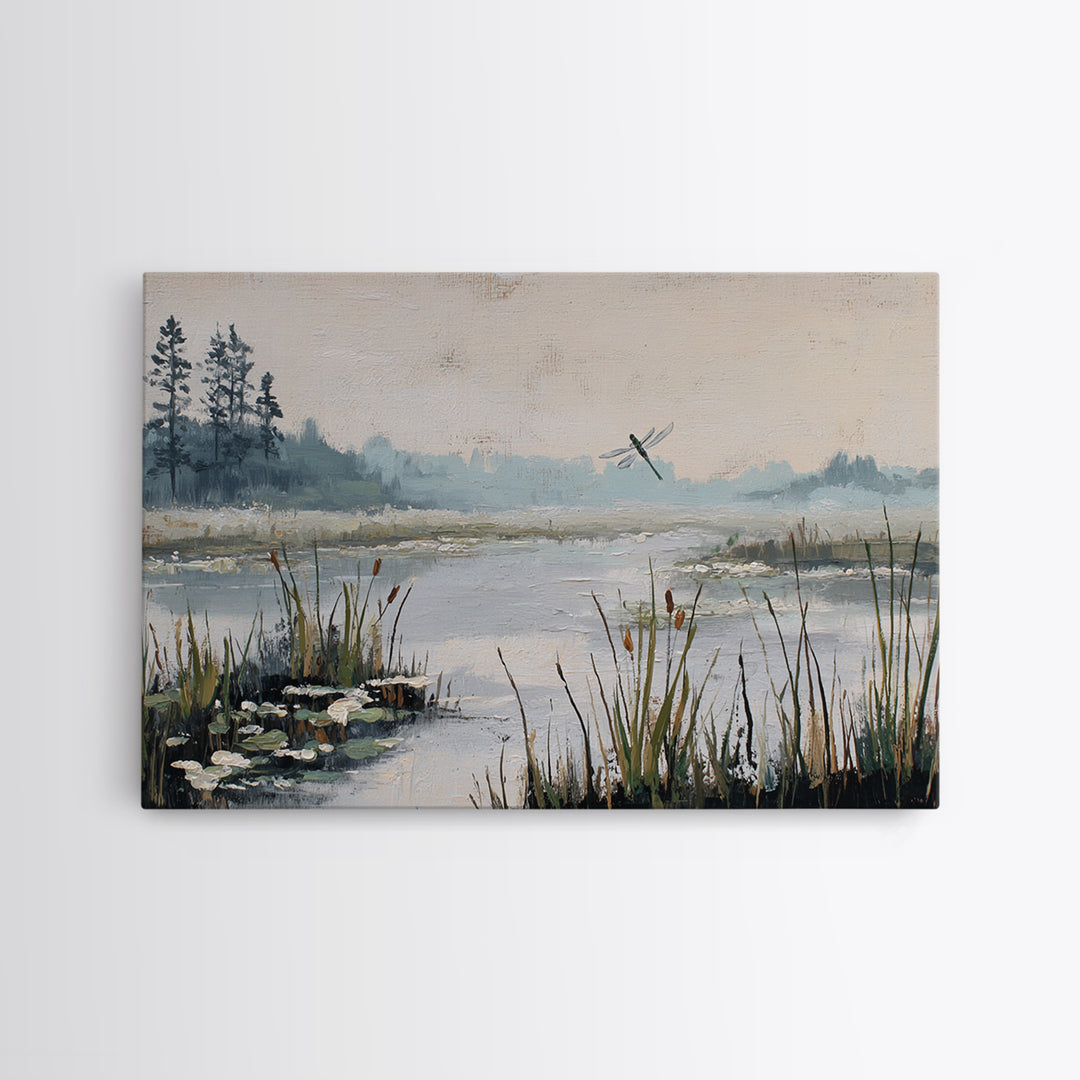 Dragonfly over a Pond with Reeds Canvas Print, Nature Art, Stained Glass Art, Living Room Decor, Abstract Art, Nature, NAT-3x2-94