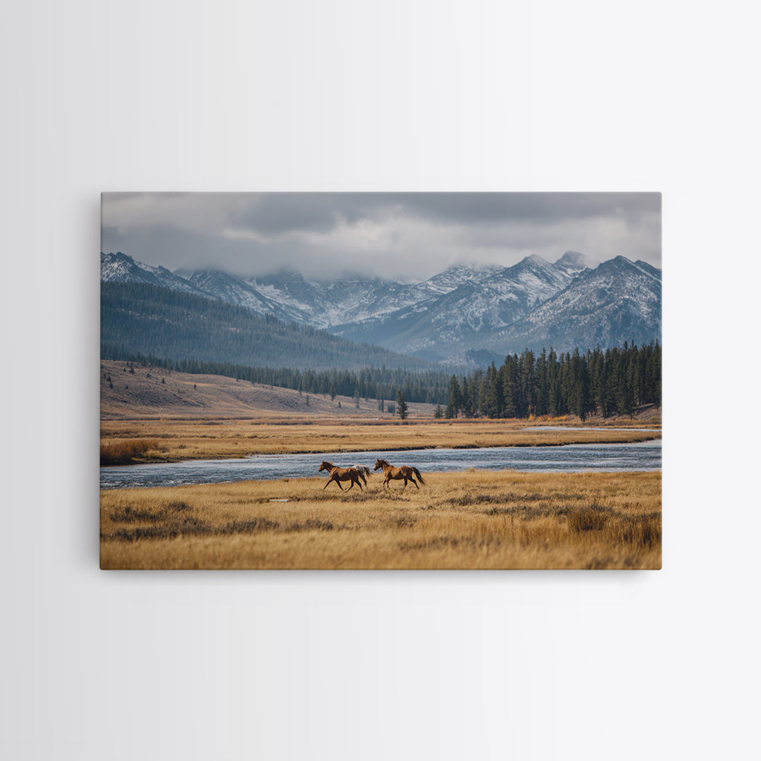 Wild Horses Running Near Mountain Ridge Canvas Print, Nature Art, Mountain Wall Art, Living Room Decor, Oil Painting, Nature, NAT-3x2-98