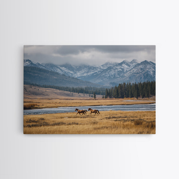 Wild Horses Running Near Mountain Ridge Canvas Print, Nature Art, Mountain Wall Art, Living Room Decor, Oil Painting, Nature, NAT-3x2-98