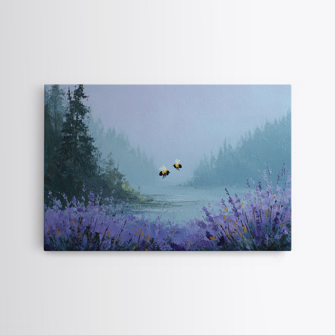 Bees Circling Lavender Blossoms Framed Canvas Print, Nature Art, Minimalist Decor, Living Room Decor, Fine Art, Nature, NAT-3x2-99