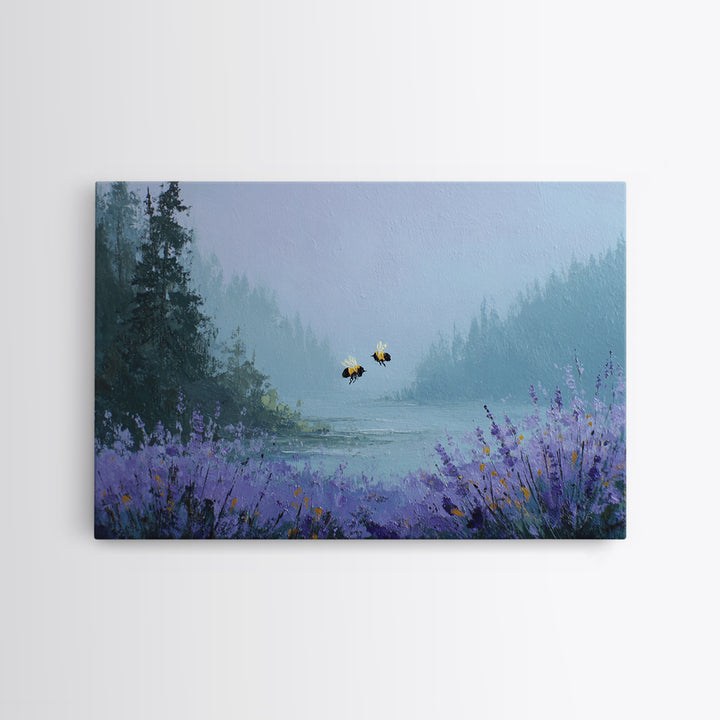 Bees Circling Lavender Blossoms Framed Canvas Print, Nature Art, Minimalist Decor, Living Room Decor, Fine Art, Nature, NAT-3x2-99