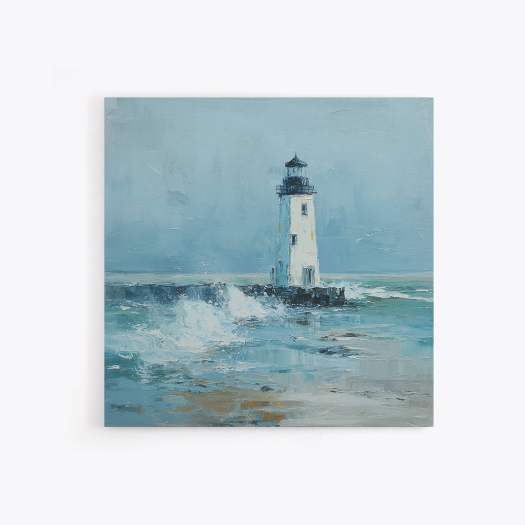 Lighthouse Standing Against Stormy Waves Canvas Print, Nautical Art, Large Wall Art, Coastal Decor, Abstract Art, Harbor, NAU-1x1-3