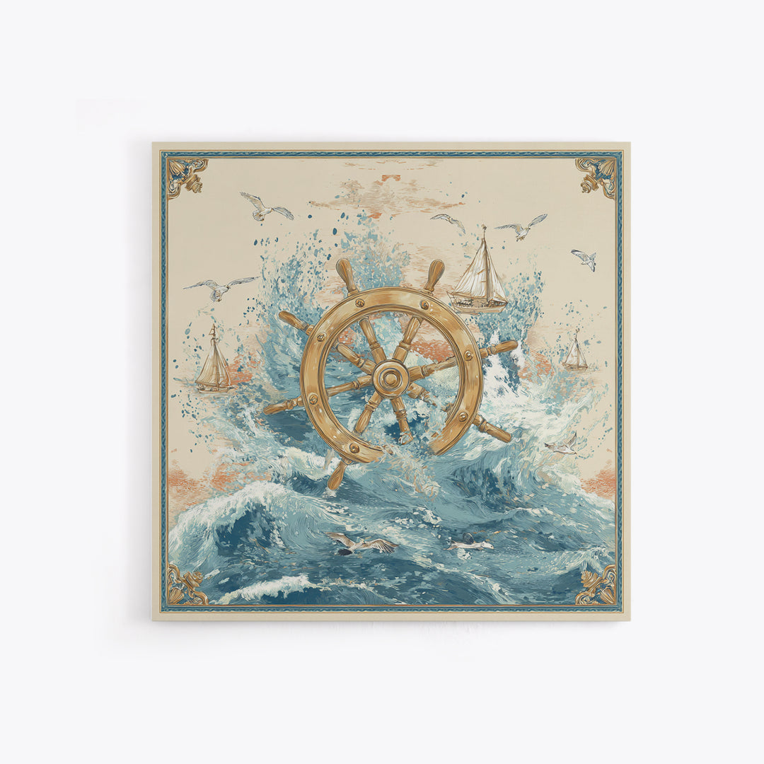 Ship Wheel with Sea Spray Background Framed Canvas Print, Nautical Art, Nautical, Coastal Decor, Fine Art, Harbor, Modern Decor, NAU-1x1-39
