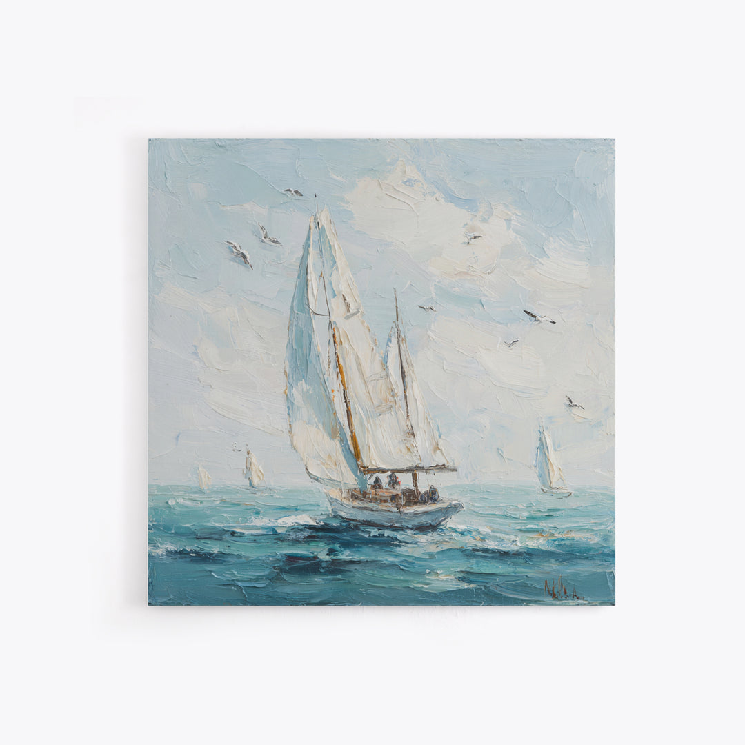 Classic Yacht Racing Through Whitecaps Framed Canvas Print, Nautical Art, Coastal Decor, Oil Painting, Harbor, Fine Art Print, NAU-1x1-43