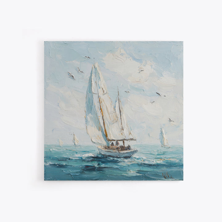 Classic Yacht Racing Through Whitecaps Framed Canvas Print, Nautical Art, Coastal Decor, Oil Painting, Harbor, Fine Art Print, NAU-1x1-43
