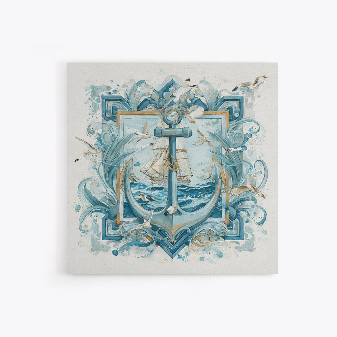 Anchor and Laurel Nautical Crest Without Text Framed Canvas Print, Nautical Art, Textured Painting, Coastal Decor, Harbor, NAU-1x1-53