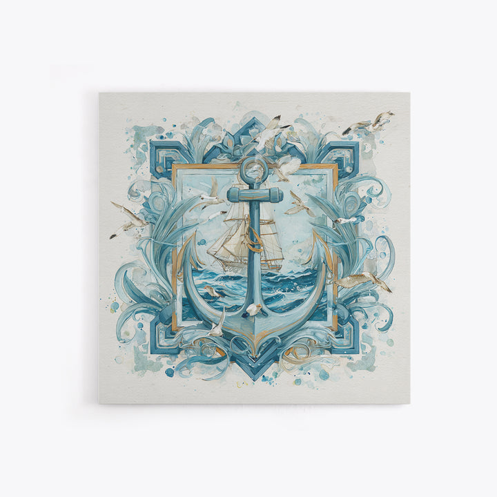 Anchor and Laurel Nautical Crest Without Text Framed Canvas Print, Nautical Art, Textured Painting, Coastal Decor, Harbor, NAU-1x1-53