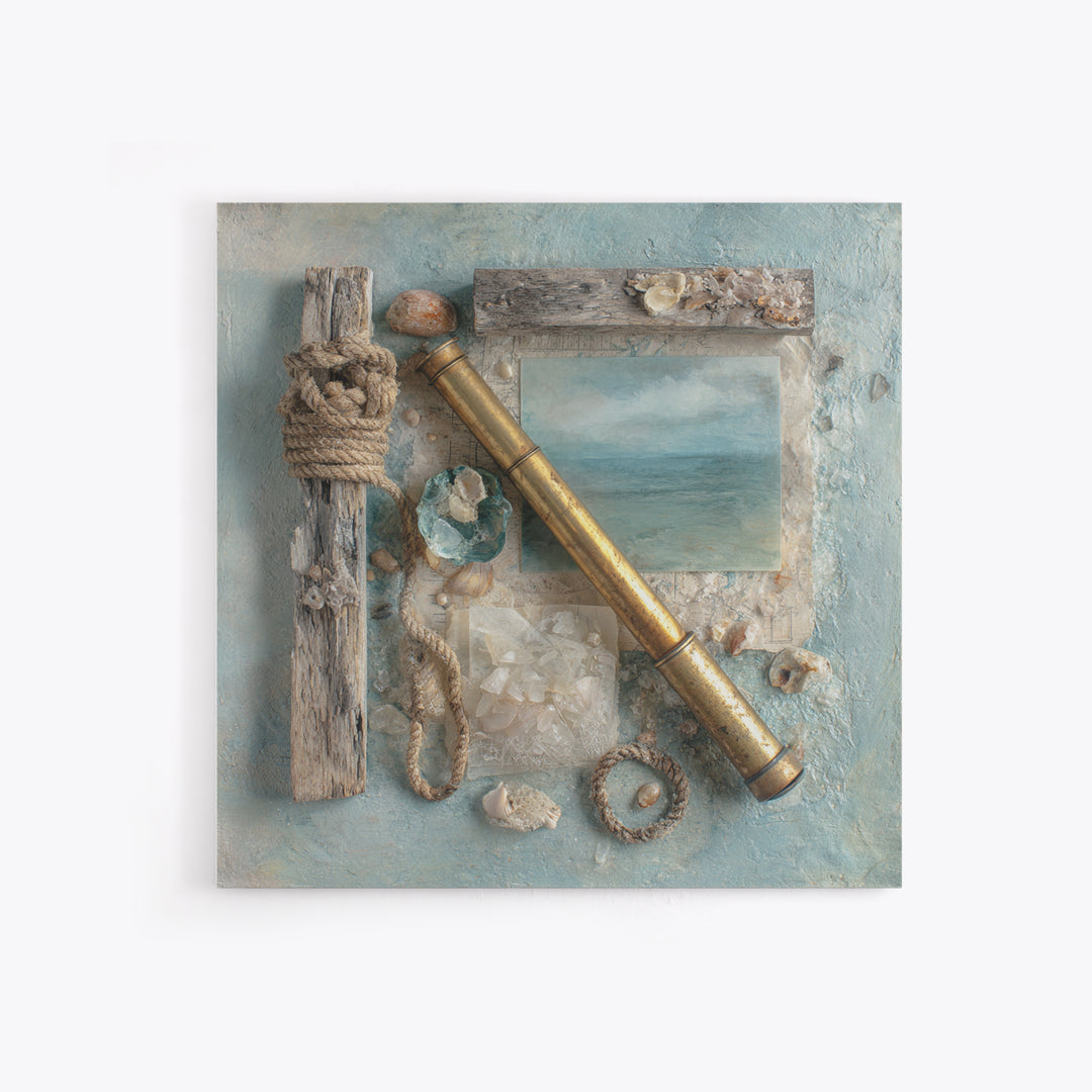 Brass Telescope and Old Map Still Life Framed Canvas Print, Nautical Art, Statement Artwork, Coastal Decor, Fine Art, Harbor, NAU-1x1-78