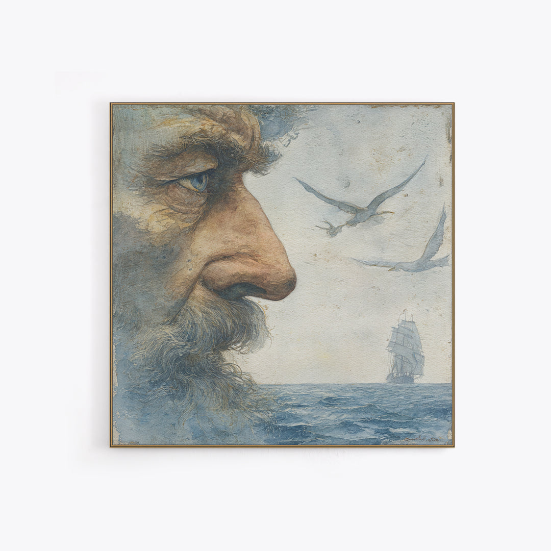 Sea Captain Portrait Framed Canvas Print, Nautical Art, Boho Decor, Coastal Decor, Fine Art, Harbor, Painting, Art Print, NAU-1x1-79