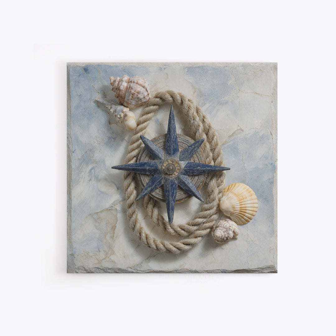 Antique Compass with Rope and Shells Canvas Print, Nautical Art, Textured Painting, Coastal Decor, Fine Art, Harbor, NAU-1x1-98