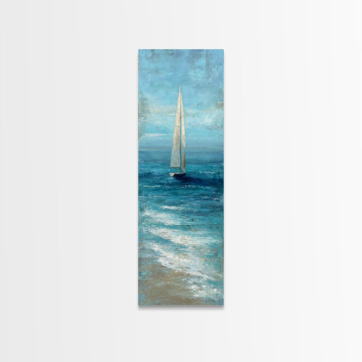 Sailboat Leaning into Wind on Blue Water Canvas Print, Nautical Art, Minimalist Decor, Coastal Decor, Fine Art, Harbor, NAU-1x3-13