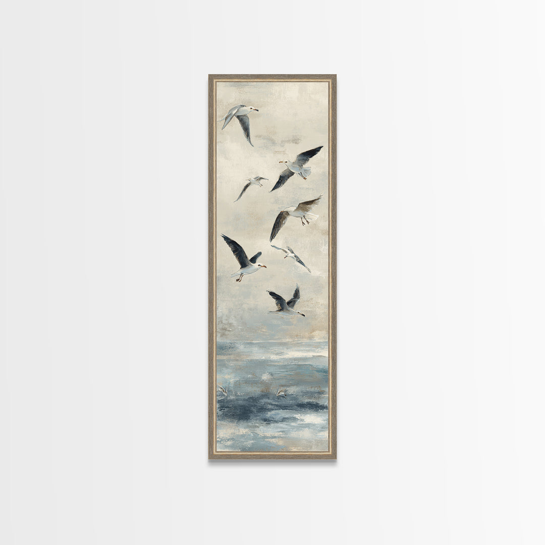 Coastal Gulls Flying Framed Canvas Print, Nautical Art, Textured Painting, Coastal Decor, Fine Art, Harbor, Printable Wall Art, NAU-1x3-29