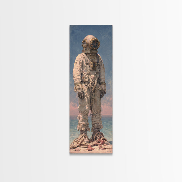 Deep Sea Diver Helmet Still Life Framed Canvas Print, Nautical Art, Ocean Art, Coastal Decor, Oil Painting, Harbor, NAU-1x3-30