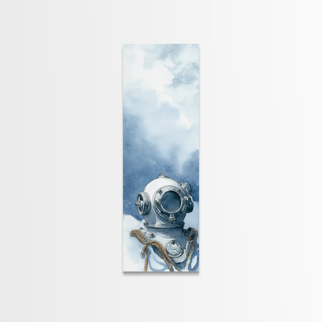 Deep Sea Diver Helmet Still Life Framed Canvas Print, Nautical Art, Ocean Art, Coastal Decor, Oil Painting, Harbor, NAU-1x3-54