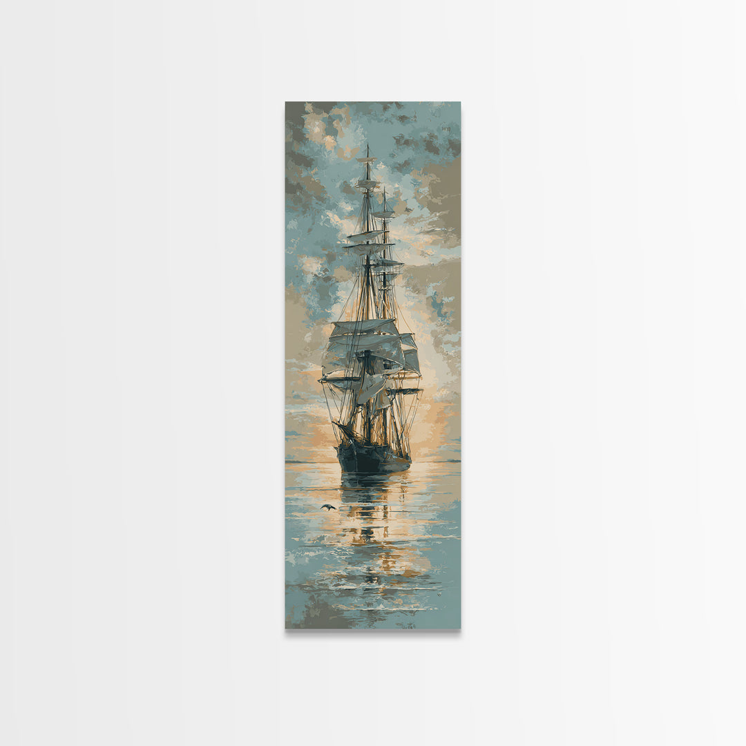 Tall Ship Silhouette at Sunset Canvas Print, Nautical Art, Coastal Wall Art, Coastal Decor, Fine Art, Harbor, Neutral Decor, NAU-1x3-68