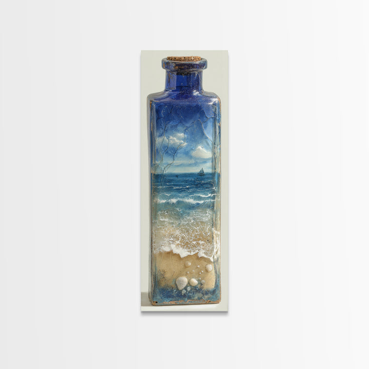 Bottle with Tiny Ship and Ocean Inside Framed Canvas Print, Nautical Art, Coastal Decor, Fine Art, Harbor, Fine Art Print, NAU-1x3-76