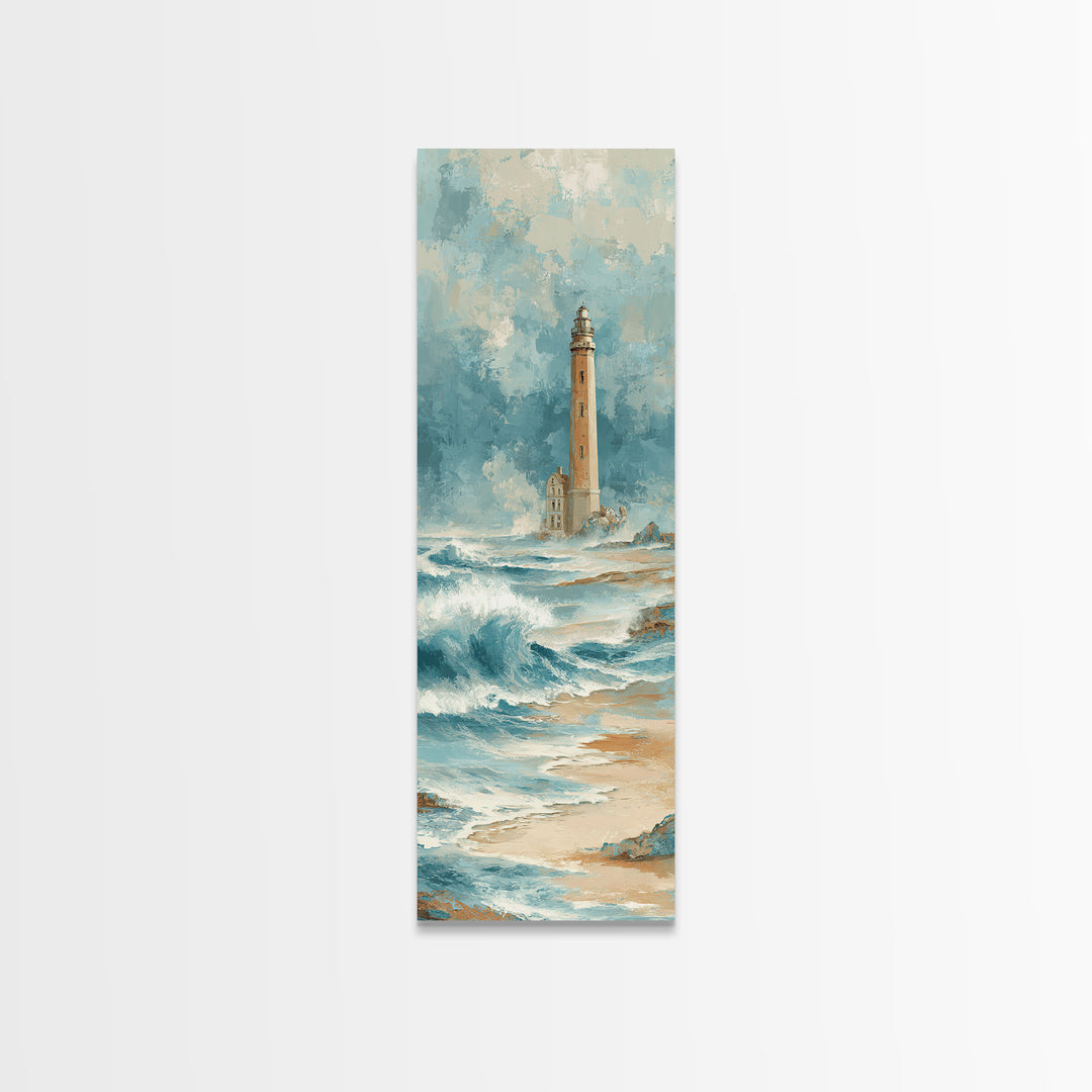 Lighthouse Standing Against Stormy Waves Framed Canvas Print, Nautical Art, Statement Artwork, Coastal Decor, Fine Art, Harbor, NAU-1x3-87