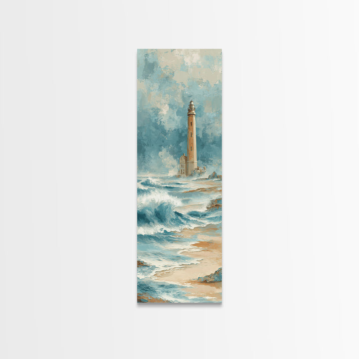Lighthouse Standing Against Stormy Waves Framed Canvas Print, Nautical Art, Statement Artwork, Coastal Decor, Fine Art, Harbor, NAU-1x3-87