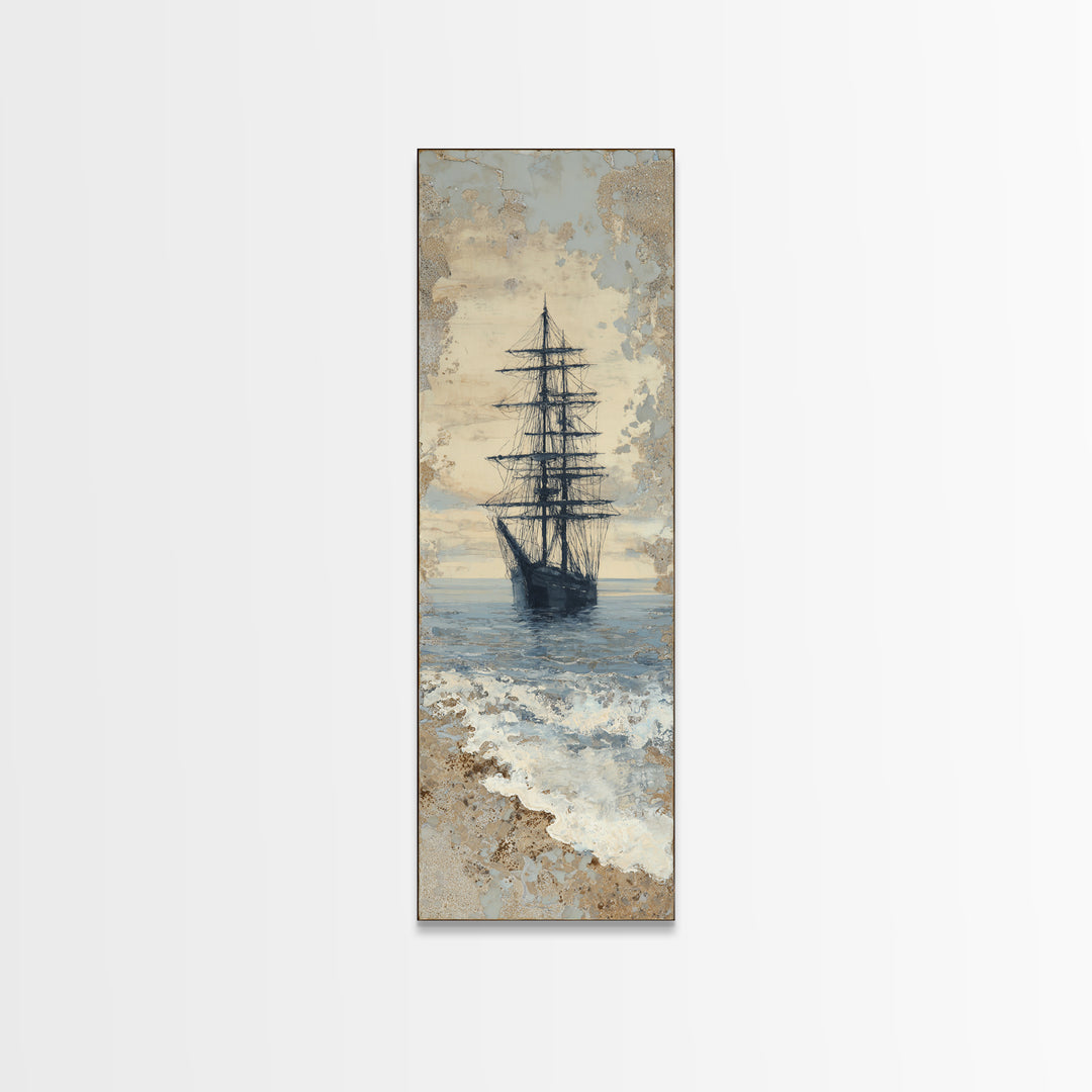Tall Ship Silhouette at Sunset Framed Canvas Print, Nautical Art, Beach Print, Coastal Decor, Fine Art, Harbor, Luxury Decor, NAU-1x3-92