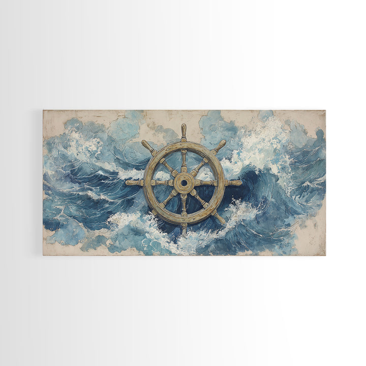 Ship Wheel with Sea Spray Background Framed Canvas Print, Nautical Art, Wall Art, Coastal Decor, Oil Painting, Harbor, NAU-2x1-35