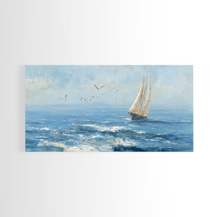 Sailboat Leaning into Wind on Blue Water Framed Canvas Print, Nautical Art, Digital Print, Coastal Decor, Fine Art, Harbor, NAU-2x1-45