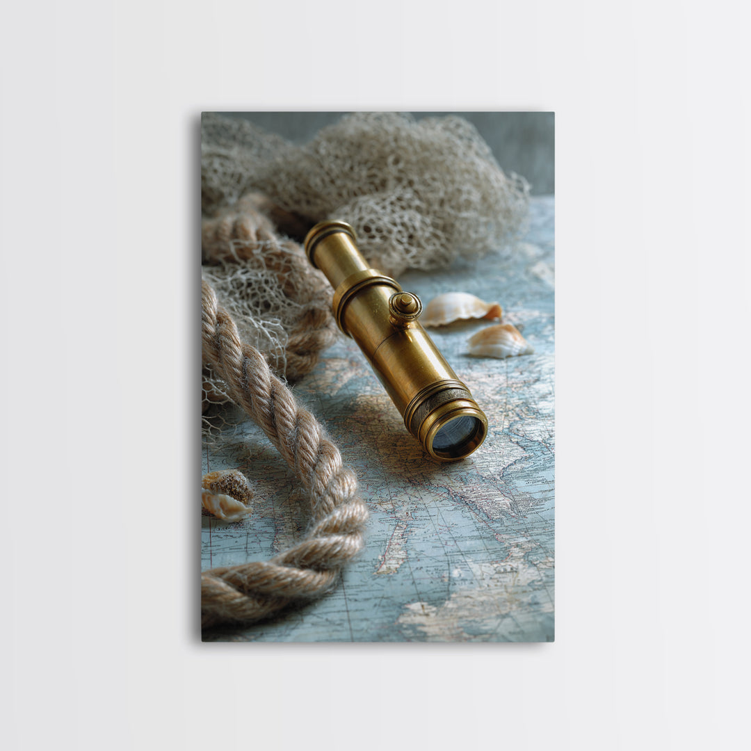 Brass Telescope and Old Map Still Life Canvas Print, Nautical Art, Wall Art, Coastal Decor, Oil Painting, Harbor, Digital Print, NAU-2x3-14