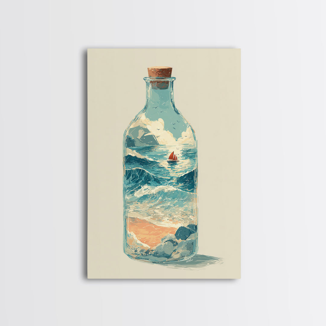 Bottle with Tiny Ship and Ocean Inside Framed Canvas Print, Nautical Art, Modern Decor, Coastal Decor, Fine Art, Harbor, NAU-2x3-24