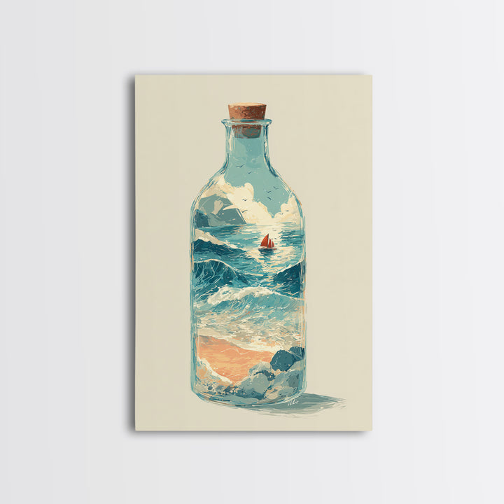 Bottle with Tiny Ship and Ocean Inside Framed Canvas Print, Nautical Art, Modern Decor, Coastal Decor, Fine Art, Harbor, NAU-2x3-24