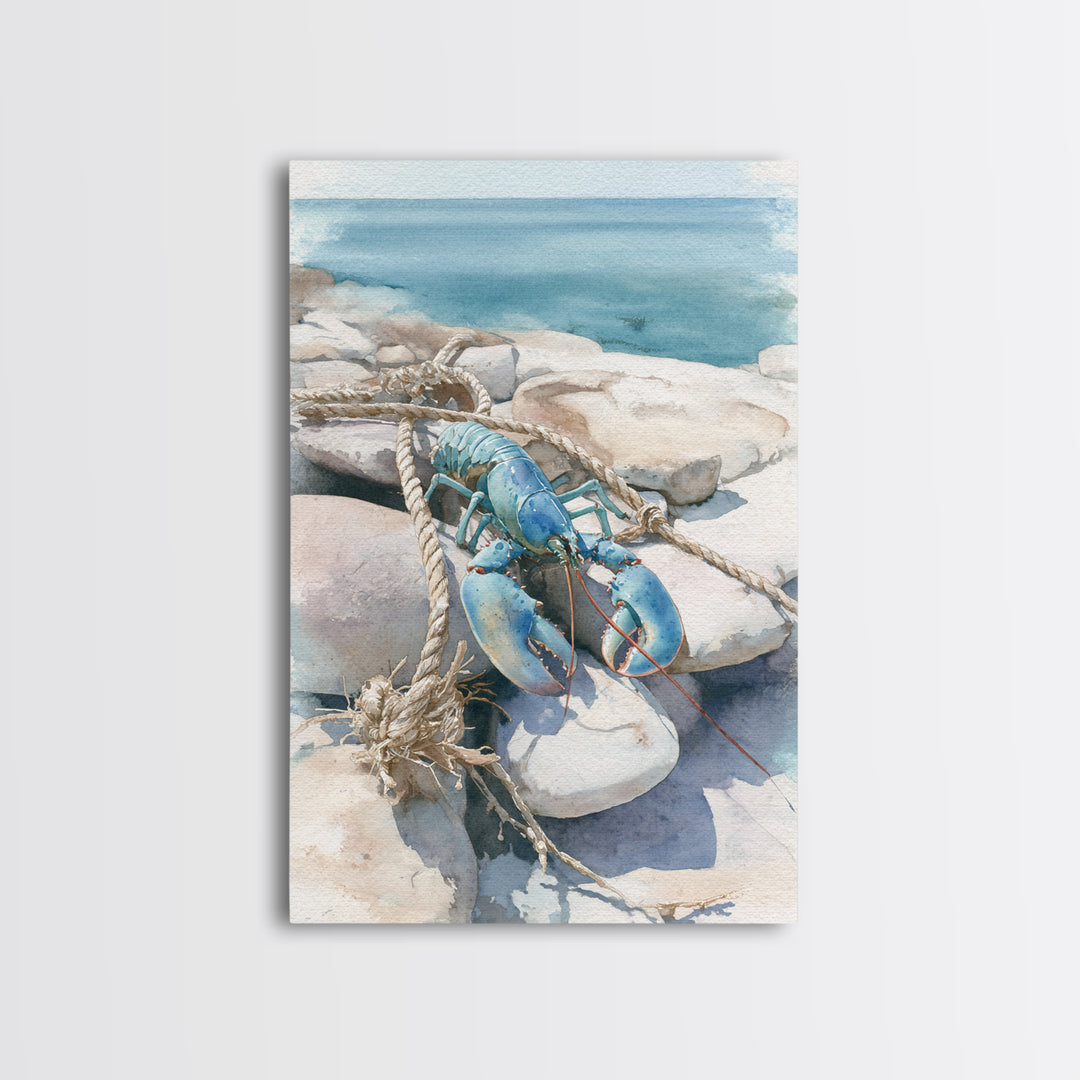 Lobster and Rope Coastal Illustration Framed Canvas Print, Nautical Art, Beach Decor, Coastal Decor, Fine Art, Harbor, NAU-2x3-28