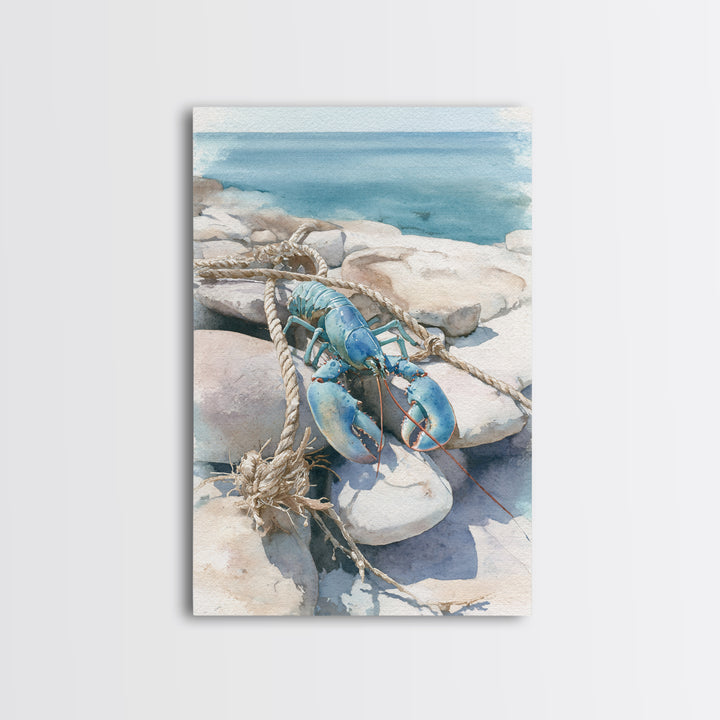 Lobster and Rope Coastal Illustration Framed Canvas Print, Nautical Art, Beach Decor, Coastal Decor, Fine Art, Harbor, NAU-2x3-28