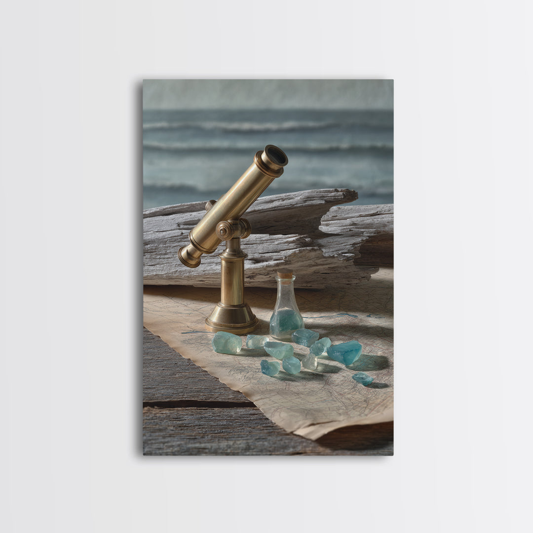 Brass Telescope and Old Map Still Life Framed Canvas Print, Nautical Art, Art Print, Coastal Decor, Fine Art, Harbor, NAU-2x3-38
