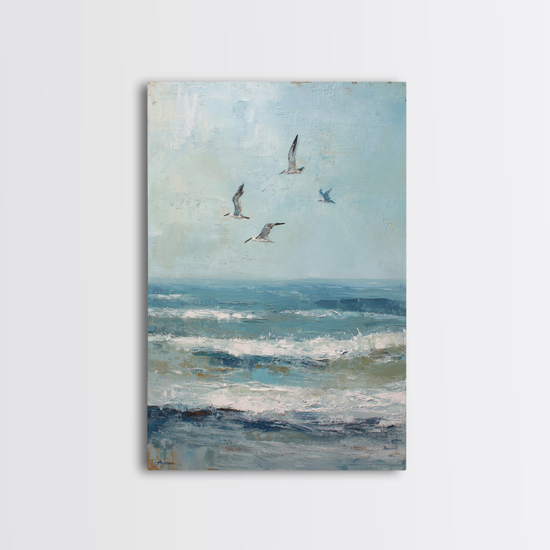 Coastal Gulls Flying Framed Canvas Print, Nautical Art, Coastal Wall Art, Coastal Decor, Fine Art, Harbor, Neutral Decor, NAU-2x3-97