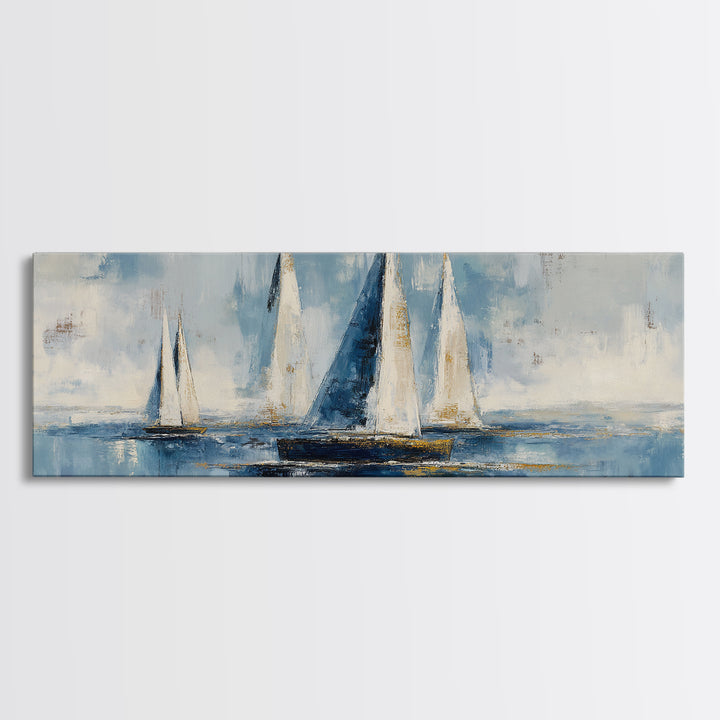 Sailboat Leaning into Wind on Blue Water Framed Canvas Print, Nautical Art, Coastal Art, Coastal Decor, Fine Art, Harbor, NAU-3x1-17