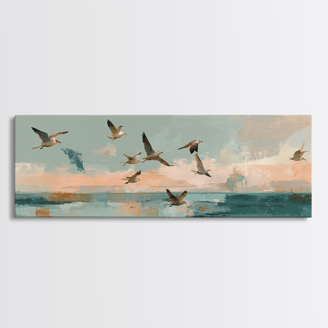 Coastal Gulls Flying Canvas Print, Nautical Art, Beach Decor, Coastal Decor, Fine Art, Harbor, Statement Artwork, Boho Decor, NAU-3x1-33