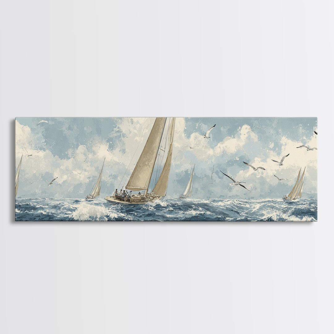 Classic Yacht Racing Through Whitecaps Canvas Print, Nautical Art, Minimalist Decor, Coastal Decor, Fine Art, Harbor, NAU-3x1-35