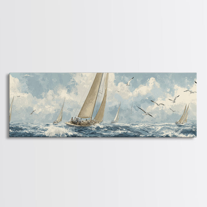 Classic Yacht Racing Through Whitecaps Canvas Print, Nautical Art, Minimalist Decor, Coastal Decor, Fine Art, Harbor, NAU-3x1-35