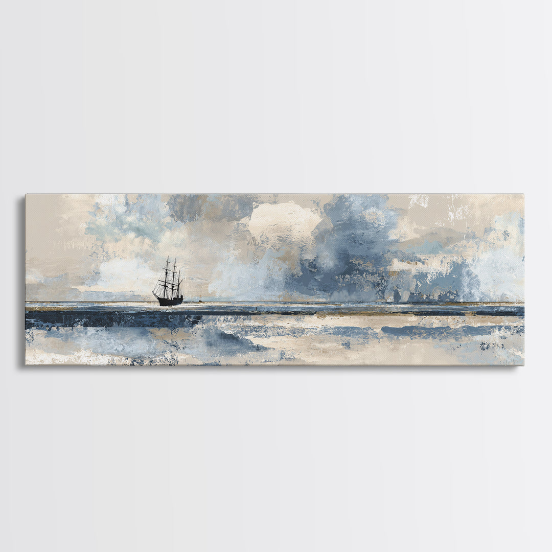 Tall Ship Silhouette at Sunset Canvas Print, Nautical Art, Textured Painting, Coastal Decor, Fine Art, Harbor, NAU-3x1-48