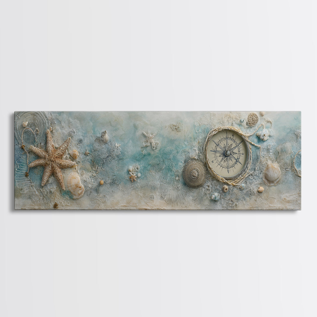 Antique Compass with Rope and Shells Canvas Print, Nautical Art, Coastal Wall Art, Coastal Decor, Harbor, Neutral Decor, NAU-3x1-66