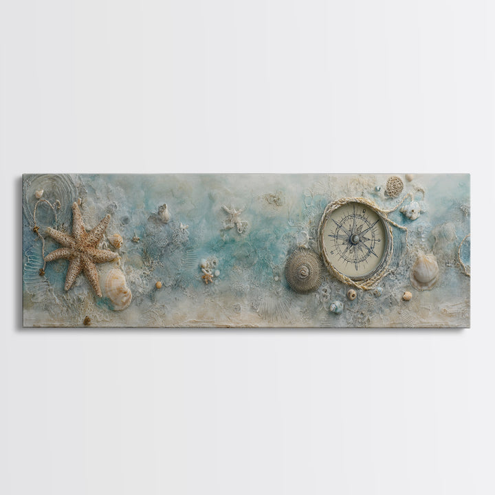 Antique Compass with Rope and Shells Canvas Print, Nautical Art, Coastal Wall Art, Coastal Decor, Harbor, Neutral Decor, NAU-3x1-66