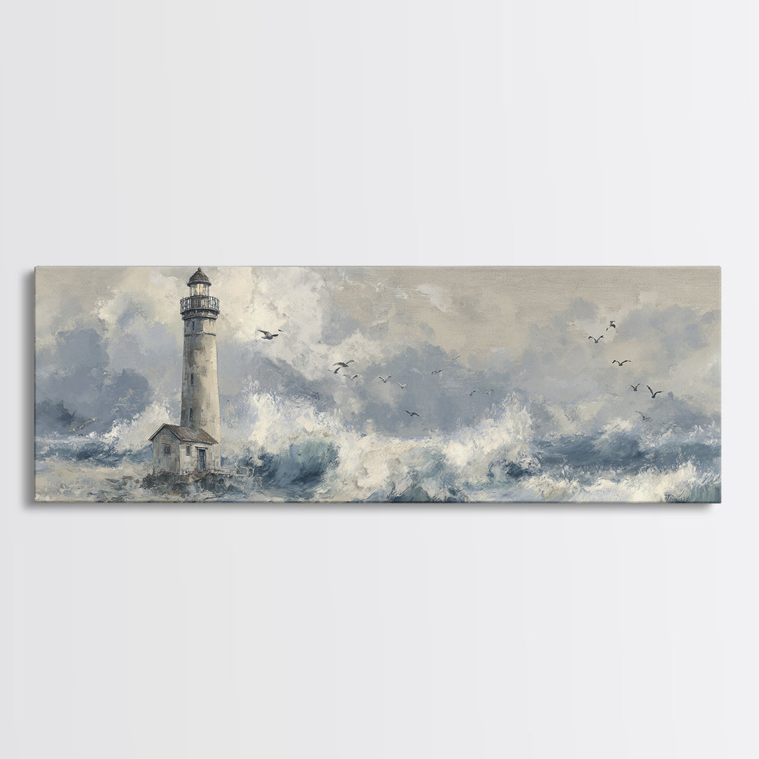 Lighthouse Standing Against Stormy Waves Framed Canvas Print, Nautical Art, Large Wall Art, Coastal Decor, Abstract Art, Harbor, NAU-3x1-67