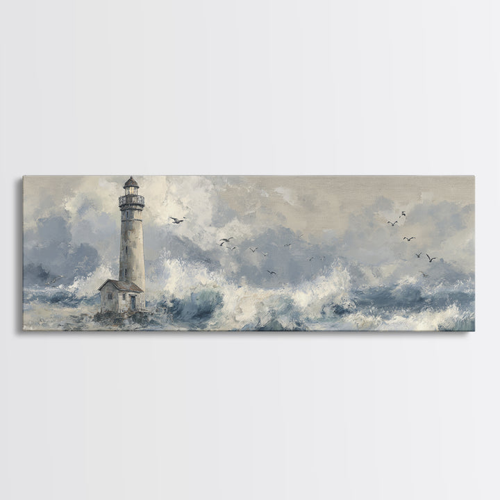 Lighthouse Standing Against Stormy Waves Framed Canvas Print, Nautical Art, Large Wall Art, Coastal Decor, Abstract Art, Harbor, NAU-3x1-67