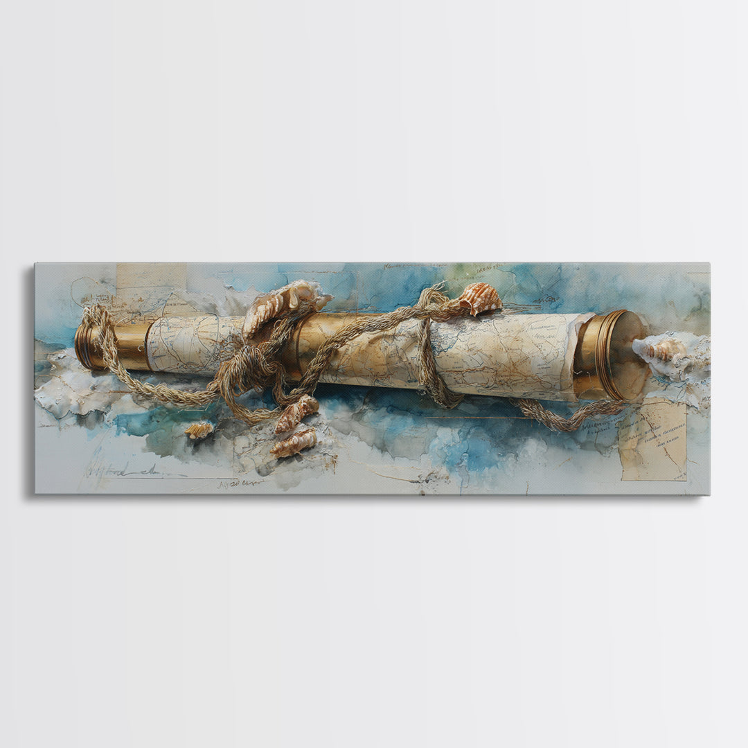 Brass Telescope and Old Map Still Life Canvas Print, Nautical Art, Wall Art, Coastal Decor, Oil Painting, Harbor, Digital Print, NAU-3x1-70